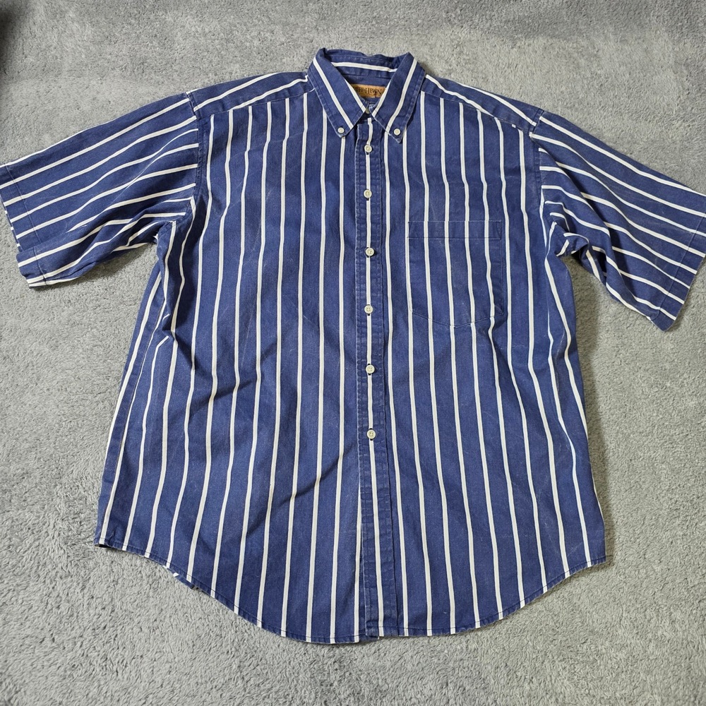 Ruff Hewn Mens L Short Sleeve Button Down Blue White Striped Cotton Vintage USA